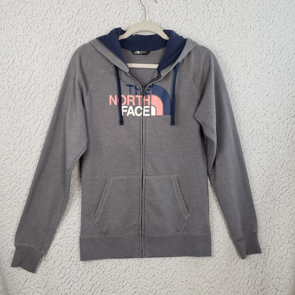 The North Face Zip Hoodie Womens M Gray Pink Logo Fleece Sweatshirt 38x25 Luxe